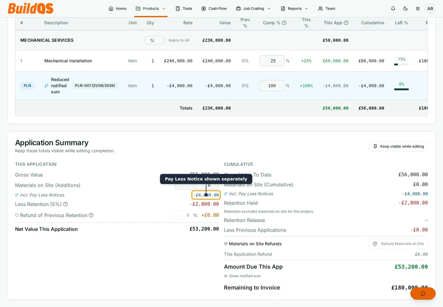 BuildQS application summary showing Pay Less Notices separately from ordinary variations