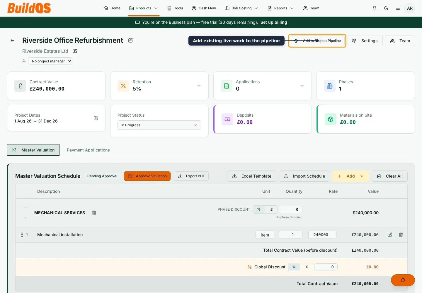 BuildQS live project header with the Add to Project Pipeline action