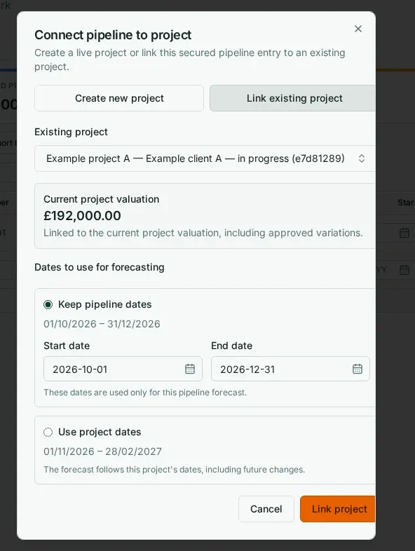 BuildQS linking form with Keep pipeline dates selected for October to December 2026