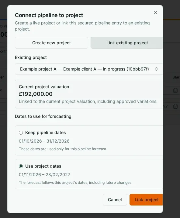BuildQS linking form with Use project dates selected for November 2026 to February 2027