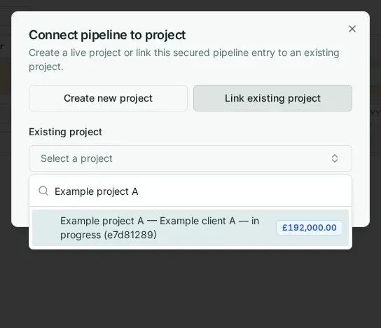 BuildQS existing-project picker showing fictional Example project A with a current valuation of £192,000
