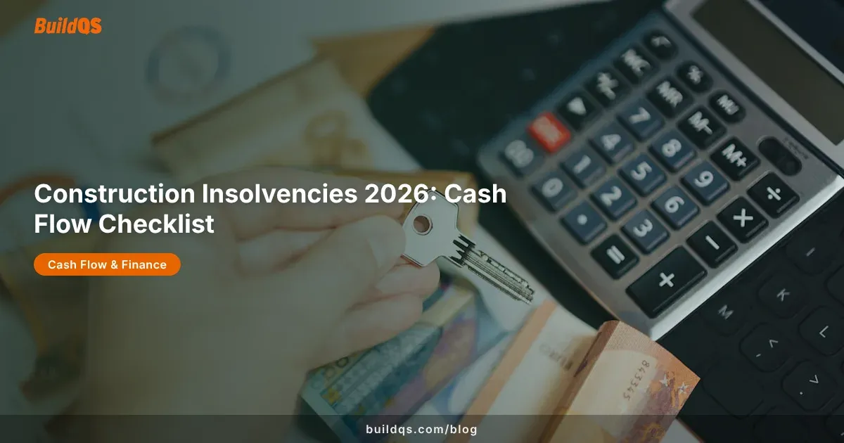 BuildQS branded image showing a calculator, money, and keys for a construction insolvency cash flow article
