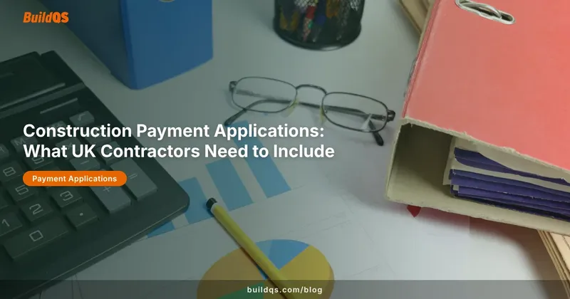 BuildQS branded image showing construction finance documents, calculator, charts, and folders for a payment application checklist article