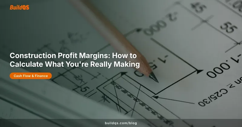 Construction profit margin calculator with architectural blueprints and measuring tools