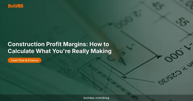 Construction profit margin calculator with architectural blueprints and measuring tools