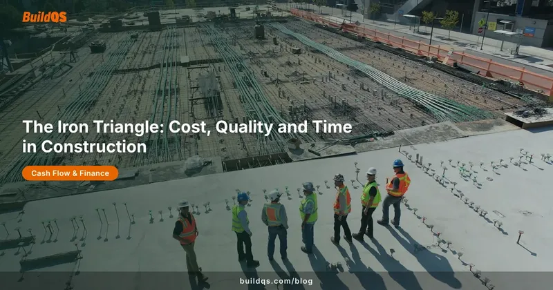 Three steel beams forming a triangle on a construction site, representing cost, quality and time