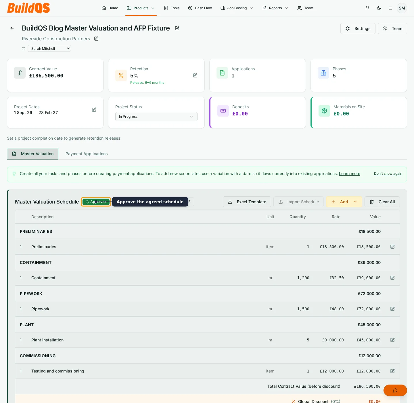 BuildQS Master Valuation Schedule organised into phases and priced task lines