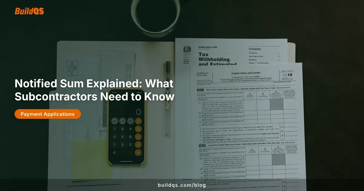 Construction payment documents and calculator representing notified sum calculations for subcontractors