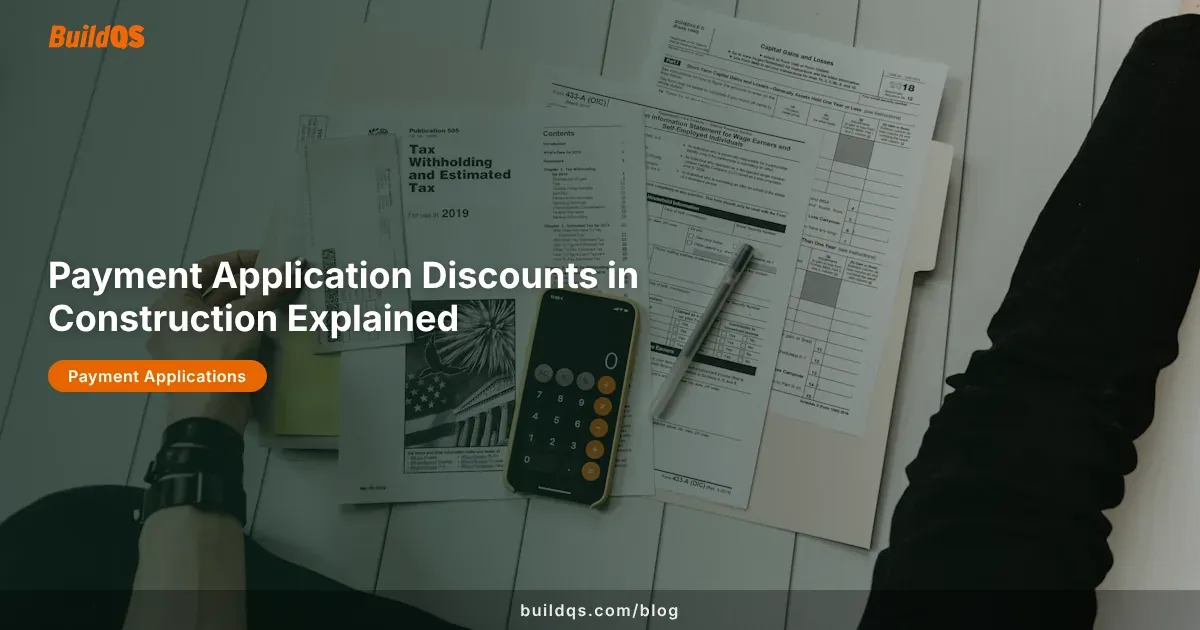 Financial charts and calculations representing payment application discount analysis in construction