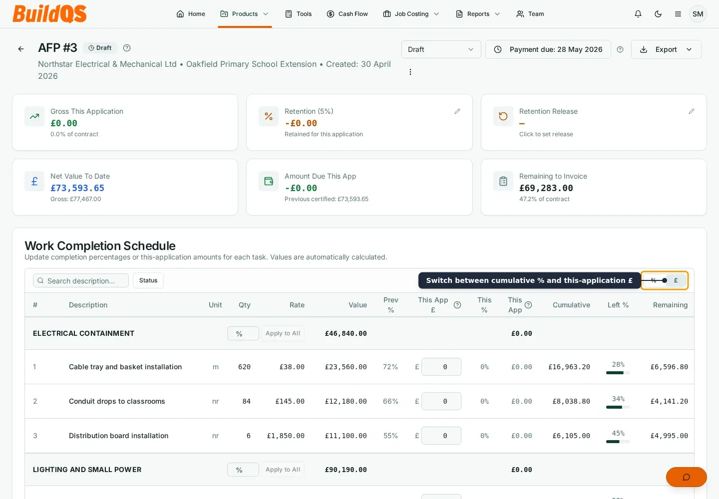 BuildQS draft payment application showing the percentage and pound Entry mode control above task values