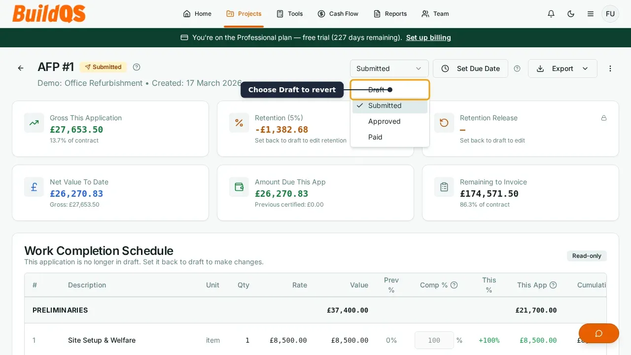 BuildQS application detail page with the status select dropdown open, showing Draft, Submitted, Approved and Paid options