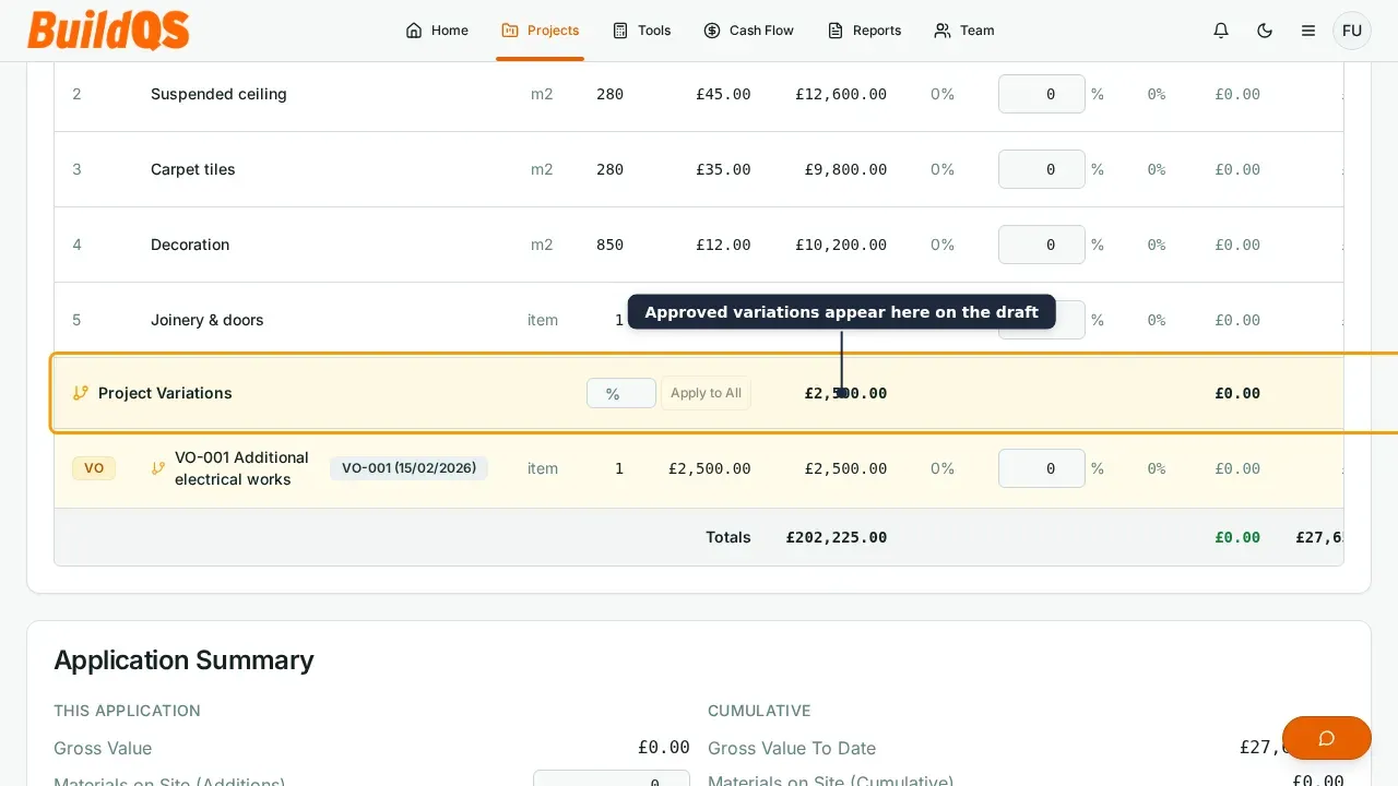 BuildQS draft application showing variation tasks alongside the regular contract tasks
