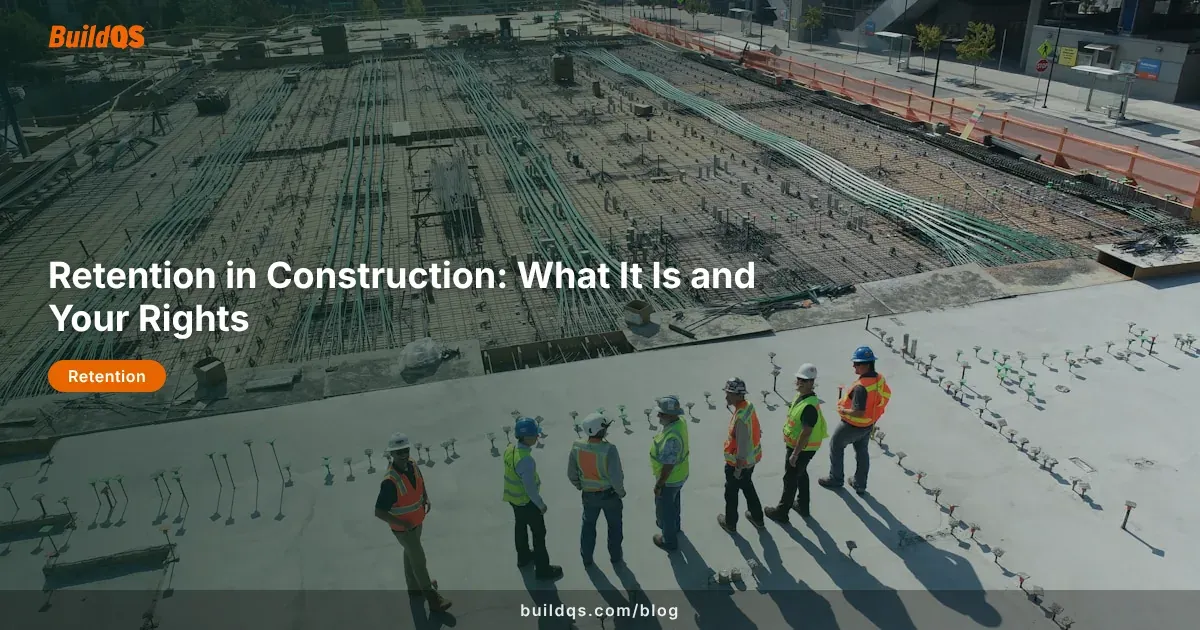 Construction workers on site with scaffolding representing retention held during building projects