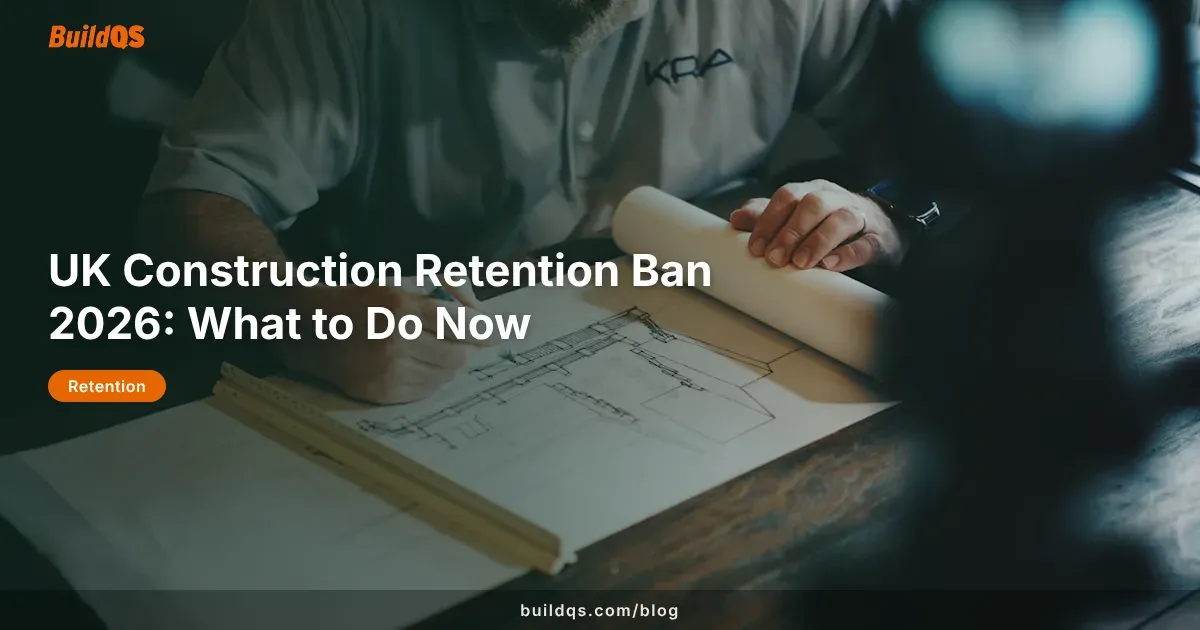 BuildQS branded image of construction drawings and paperwork for a UK retention ban article