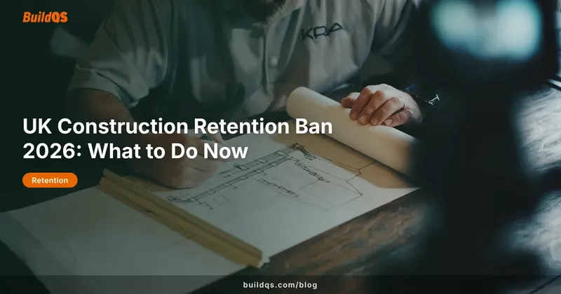 BuildQS branded image of construction drawings and paperwork for a UK retention ban article