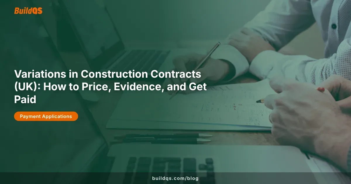 Construction drawings and contract paperwork on a desk, representing variation control in UK construction contracts